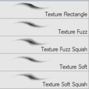 May include: A visual representation of different brush textures in a digital art program. The textures include Wedge, Rectangle, Fuzz, Fuzz Squish, Soft, Soft Squish, and Blur.