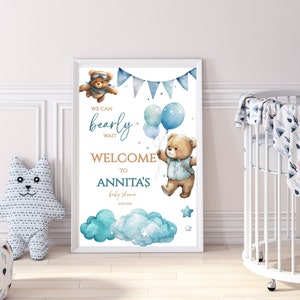 Editable Airplane Teddy Bear Baby Shower welcome sign|Vintage Airplane, Oh Boy, Up Up and Away, Fly High| We Can Bearly Wait|*2 sizes
