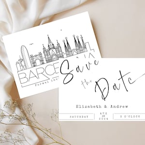 Mariage à Barcelone modifiable Save the Date Card| Mariage à Barcelone | Skyline de la ville de Barcelone | Mariage à destination de Barcelone | amour à Barcelone