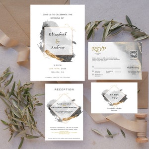 Editable wedding invitation set, minimalist, boho, black &gold, instant download, RSVP with QR code, reception,thank you card,set of 4