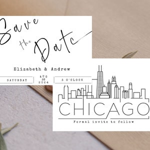 Bewerkbare Chicago Skyline Bewaar de datums | Bewaar de datumkaarten | STD Chicago stadsgezicht bruiloft | Modern elegant architectonisch Chicago silhouet