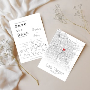 Bewerkbare instant download scatch las vegas skyline en stadsplattegrond huwelijksuitnodiging, bewaar de datumkaart| Vegas kaart bestemming bruiloft uitnodigen