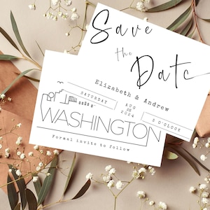 Editável Washington DC Skyline Salvar as datas | Cartões para salvar a data | Casamento na paisagem urbana de Washington DC | Silhueta arquitetônica moderna e elegante de DC