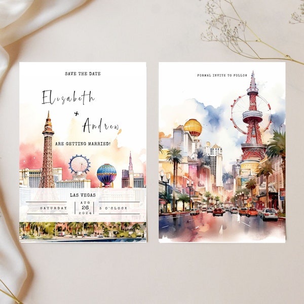 Editable instant download watercolor las vegas wedding invitation, save the date card| las vegas skyline | Vegas Strip Destination Wedding