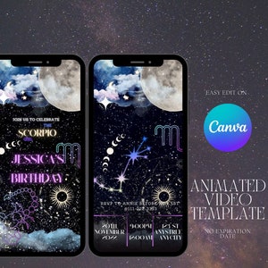 Convite de aniversário de Escorpião, convite de aniversário do signo do zodíaco|temporada de escorpião| convite para festa de escorpião| convite de aniversário de escorpião|Evite de animação do zodíaco
