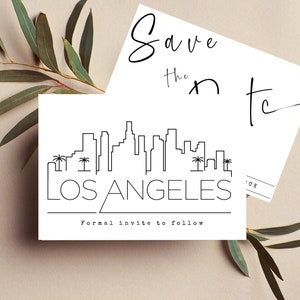 Editável Los Angeles Skyline Salvar as datas | Cartões para salvar a data | Casamento na paisagem urbana de Los Angeles | Silhueta arquitetônica moderna e elegante de LA