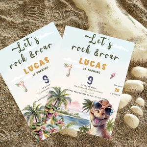 Peut inclure: Une invitation bleue et blanche avec un dinosaure portant des lunettes de soleil et le texte "Let's rock & roar Lucas is turning 9" avec un fond d'île tropicale.