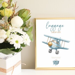 Not Editable Airplane Teddy Bear Baby Shower Gift Sign|Vintage Airplane, Oh Boy, Fly High| We Can Bearly Wait| Blue Watercolor*2|Printable