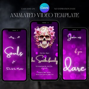 Editable Dia de los Muertos Halloween Party Invitation|Animated Day of the Dead Celebration Evite|Digital video halloween skull flower evite