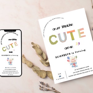 Notre petit mignon est turining un thème de doodle premier anniversaire inviter invitation d'anniversaire minimaliste modèle modifiable invitation personnalisée