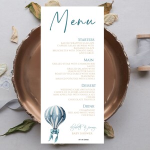 Carte de menu de douche d'ours en peluche modifiable | Carte de menu d'ours en peluche hotballon Teddy Bear Baby Shower | Peut Bearly Attendre| ours en peluche bleu | Téléchargement instantané