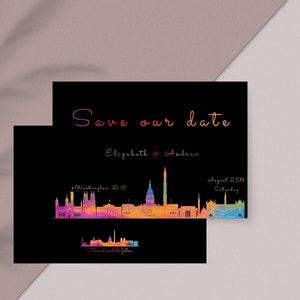 Cartão de data editável para casamento em Washington | Casamento em Washington | Skyline da cidade de Washington DC luz neon noite cidade silhueta casamento std
