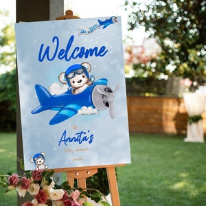 Editable Airplane Teddy Bear Baby Shower welcome sign|Vintage Airplane,blue bear,Up and Away,Fly High|We Can Bearly Wait|It&#39;s a boy|*2 sizes