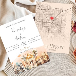 Bearbeitbares sofortiges Download-Aquarell Las vegas Hochzeitseinladung, speichern Sie die Datumskarte | Las Las Vegas Stadtplan|Vegas Strip Hochzeit Bestimmungsort
