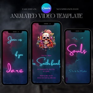 Invitación editable para fiesta de Halloween del Día de los Muertos/Invitación animada para celebración del Día de los Muertos/Invitación digital con calavera y flor de Halloween