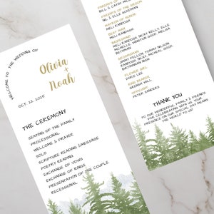 May include: Wedding ceremony programs with a white background and green watercolor pine trees at the bottom. The text includes the names Olivia and Noah, the date, and the order of the ceremony.