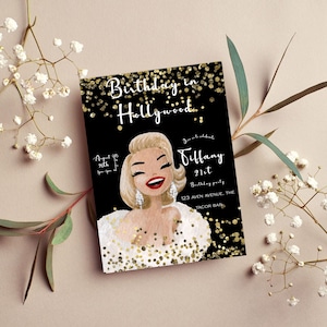 Editable Meet me in Hollywood Birthday Party Invite,| A night in Hollywood cinema birthday|Old Hollywood Glitter Printable, Vintage Glam