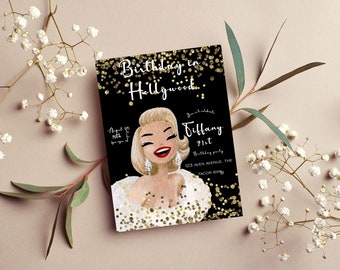 Editable Meet me in Hollywood Birthday Party Invite,| A night in Hollywood cinema birthday|Old Hollywood Glitter Printable, Vintage Glam