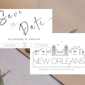 Editable New Orleans Skyline Wedding save the date card|Save the Date Cards|New Orleans cityscape wedding|minimalist New Orleans destination