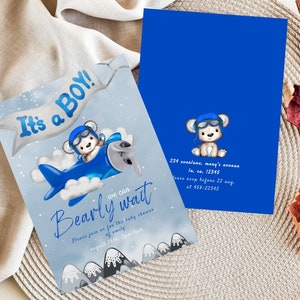 Editable Blue Airplane Teddy Bear Baby Shower Invite|Vintage Airplane, Oh baby,It&#39;s a boy, Fly High| We Can Bearly Wait|vute blue bear pilot