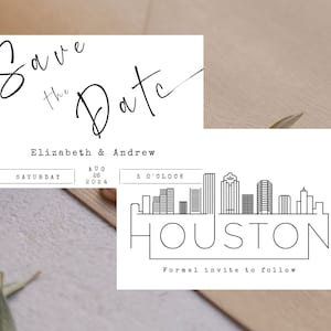 Matrimonio modificabile sullo skyline di Houston, salva la data card/Save the Date Cards/Houston Cityscape Wedding/destinazione minimalista Houston/Houston wed