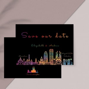 Mariage modifiable à Barcelone Enregistrer la carte de date| Mariage à Barcelone | Barcelone ville Skyline néon lumière nuit ville silhouette mariage std