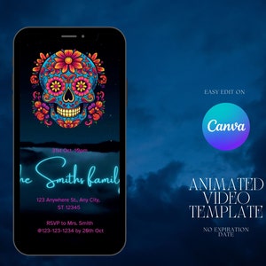 Invitación editable para fiesta de Halloween del Día de los Muertos/Invitación animada para celebración del Día de los Muertos de Evite, invitación digital para teléfono móvil Canva
