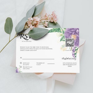 Pode incluir: Um cartão RSVP branco com um design floral e um código QR. O texto no cartão diz "RS" e "Por favor, digitalize o código QR para responder. Se você deseja enviar sua resposta por correio, basta carimbar e enviar." Há caixas de seleção para "Aceita com prazer" e "Recusa com pesar". O cartão também inclui os nomes "Eleafeth & Jimny" e um endereço.