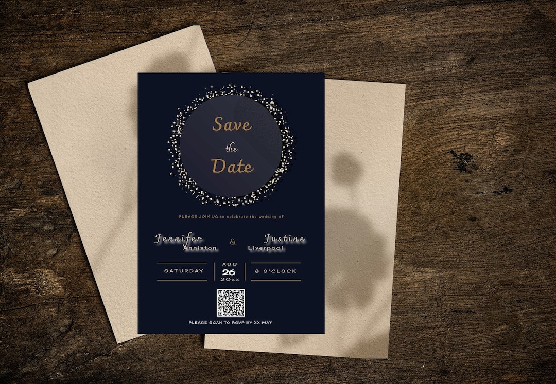 Retro Qr Code Editable Royal Blue Vintage QR Code Save the Date Invitation| Gold Glow ...