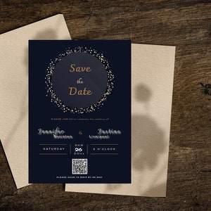 Code QR vintage bleu royal modifiable Save The Date Invitation | Thème de mariage Gold Glow Blue | Modèle modifiable| Téléchargement instantané