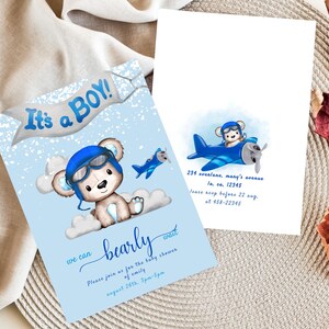 Editable Blue Airplane Teddy Bear Baby Shower Invite|Vintage Airplane, Oh baby,It&#39;s a boy, Fly High| We Can Bearly Wait|cute blue bear pilot