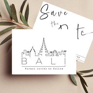 Editable Bali Indonesia Asia Destination wedding save the date card|Bali skyline wedding invite|Bali destination wedding invite|love in Bali