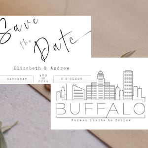 Editable Buffalo Skyline Guardar las fechas/Guardar las tarjetas de fecha/STD Buffalo paisaje urbano boda/Chicago, Nueva York, San Francisco, Boston/cualquier ciudad de EE. UU.