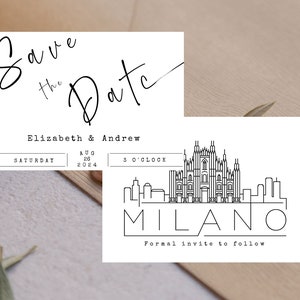 Mariage modifiable Milano Skyline enregistrez la carte de date| Enregistrez les cartes de date|STD Milan paysage urbain mariage|minimaliste Milan std|Destination Italie