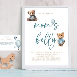 Not-Editable guess teddy mom&#39;s belly Baby Shower game| teddy bear, Up Up and Away, Fly High| guess teddy mom&#39;s belly|game sign and card