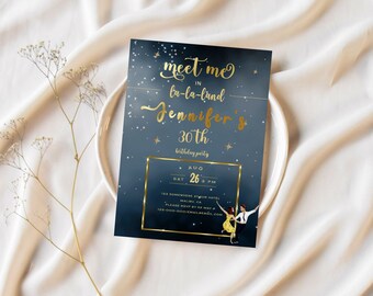 Editable Meet me in LaLaLand Birthday Party Invite|A night in LaLaLand Hollywood cinema birthday|woman's 30th Glitter dancing in the moon