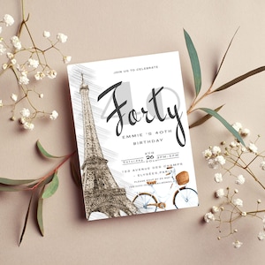 Editable Paris Birthday Party Invitation|Eiffel Tower, Parisian Cafe and bycicle fortyth birthday party|turning 40 in paris|any age birthday