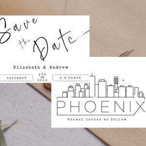 Bewerkbare Phoenix Skyline Wedding bewaar de datumkaart | Bewaar de datumkaarten | Phoenix stadsgezicht bruiloft | minimalistische bestemming Phoenix | Phoenix wo