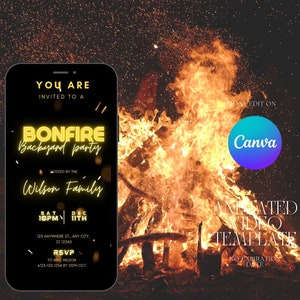 Könnte beinhalten: Der Bildschirm eines Mobiltelefons zeigt eine digitale Einladung zu einer Gartenparty mit Lagerfeuer, die von der Familie Wilson ausgerichtet wird. Die Einladung ist vor dem Hintergrund eines lodernden Feuers mit fliegenden Funken platziert.