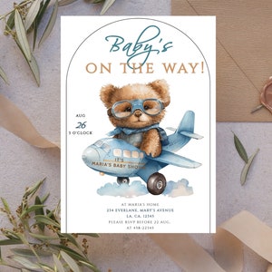 Editable Airplane Teddy Bear Baby Shower Invite|Vintage Airplane, Oh Boy, Up Up and Away, Fly High| We Can Bearly Wait| Blue Watercolor