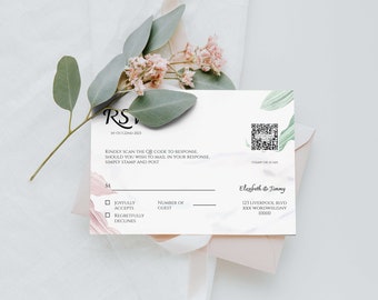 Bearbeitbare Boho Greenery Antwortkarten-Qr-Code für die moderne Hochzeit im minimalistischen Stil, Qr-Code-Rsvp-Einsatzvorlage, druckbare benutzerdefinierte Antwortkarten