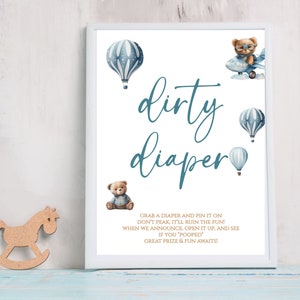 Not Editable teddy bear dirty diaper Baby Shower game| teddy bear, hotballon teddy| airplan teddy|Up Up and Away, Fly High| |game sign