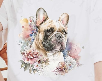 May include: White t-shirt featuring a watercolour illustration of a French bulldog with pink and purple flowers. The text "BORDERLINE INSANITY" is on a grey circle with a black and white border collie illustration.