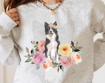 Border Collie in Flowers Unisex Heavy Blend Crewneck Sweatshirt, Gift for Him or Her, Sweatshirt for Border Collie Owner, Dog Lover Shirt