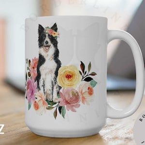Border Collie in Flowers White Ceramic Coffee Mug, Gift for Him or Her, Mug for Border Collie Owner, Gift for Dog Lover, Dog Mom Mug