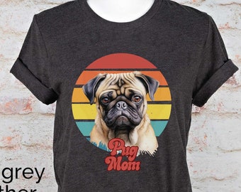 Pug Mom Retro Sunset Unisex Jersey Short Sleeve Tee, Gift for Pug Owner, Graphic Tee for Her, Gift for Pug Lover, Graphic Tee for Pug Mom