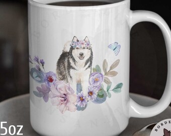 Alaskan Malamute in Flowers Ceramic Coffee Mug, Gift for Him or Her, Mug for Alaskan Malamute Owner, Gift for Dog Lover, Mug for Dog Mom