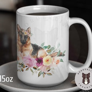 German Shepherd in Flowers Ceramic Mug, Coffee Mug for Him or Her, Gift for German Shepherd Owner, Ceramic Coffee Mug for Dog Lover, GSD Mug
