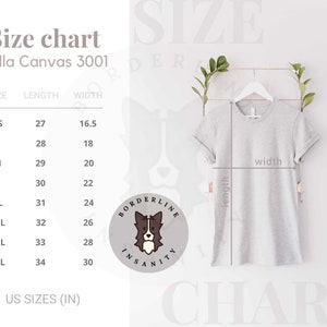 Może przedstawiać: Tabela rozmiar&oacute;w dla koszulek Bella Canvas 3001, pokazująca wymiary w calach dla rozmiar&oacute;w od XS do 4XL. Tabela zawiera wymiary długości i szerokości dla każdego rozmiaru.