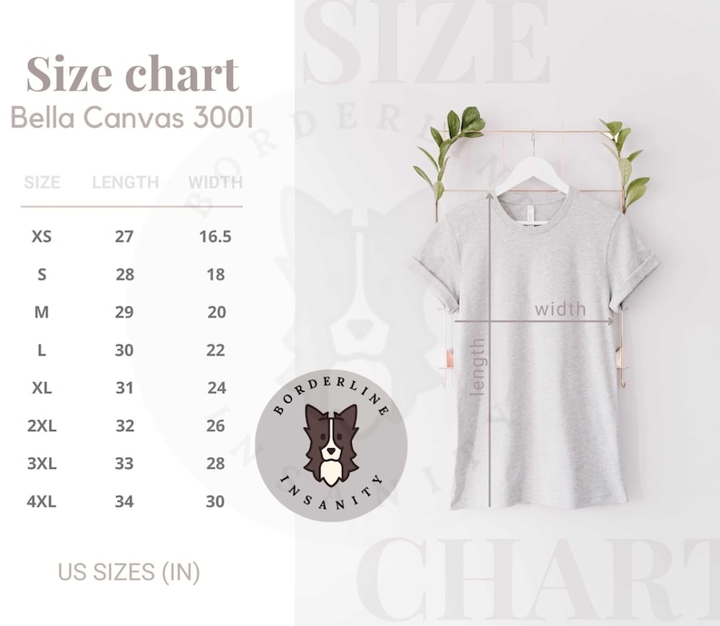Może przedstawiać: Tabela rozmiar&oacute;w dla koszulek Bella Canvas 3001, pokazująca wymiary w calach dla rozmiar&oacute;w od XS do 4XL. Tabela zawiera wymiary długości i szerokości dla każdego rozmiaru.